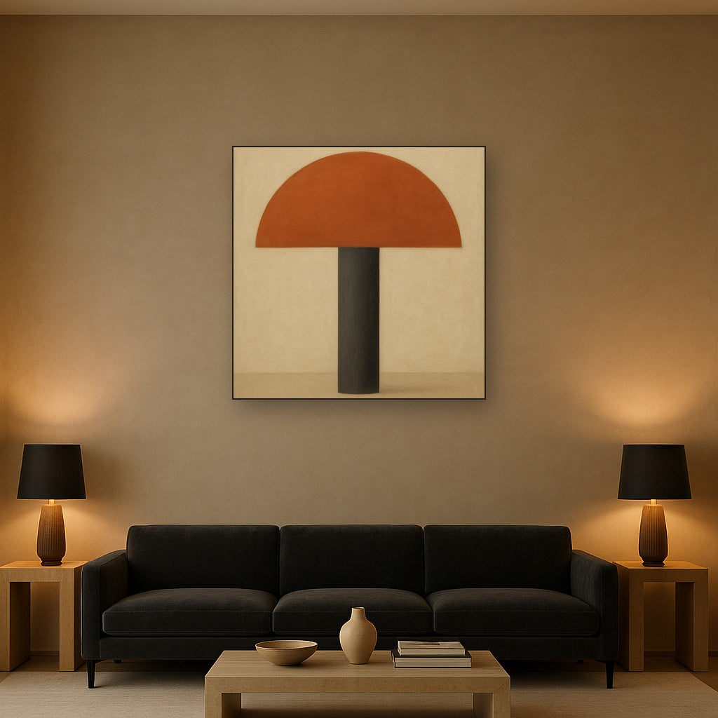 Semicircle Horizon & Minimalist Pillar Oil Painting Staged Above Sectional Sofa in Living Room, Hand Painted Canvas Wall Art for Home Decor