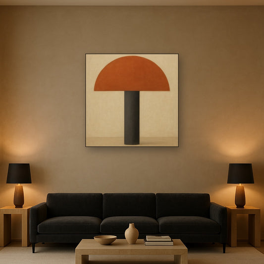 Semicircle Horizon & Minimalist Pillar Oil Painting Staged Above Sectional Sofa in Living Room, Hand Painted Canvas Wall Art for Home Decor