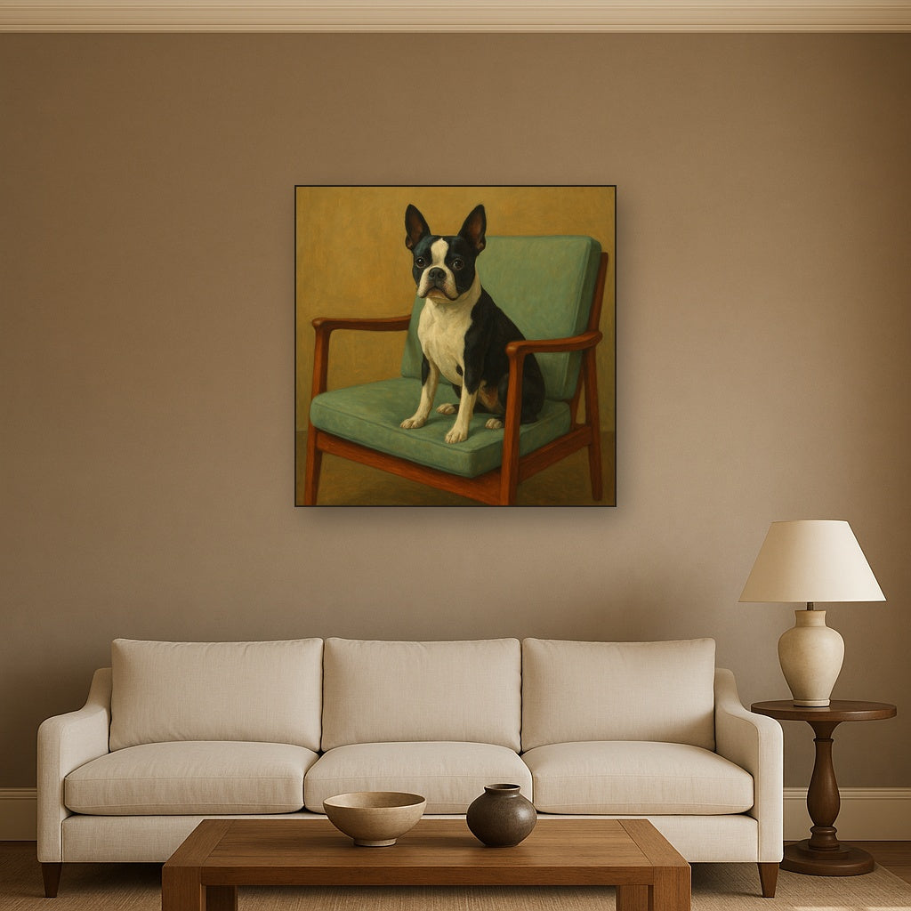 Boston Terrier in Warm Mid-Century Armchair No. 7 Fine Art Oil Painting - View 2