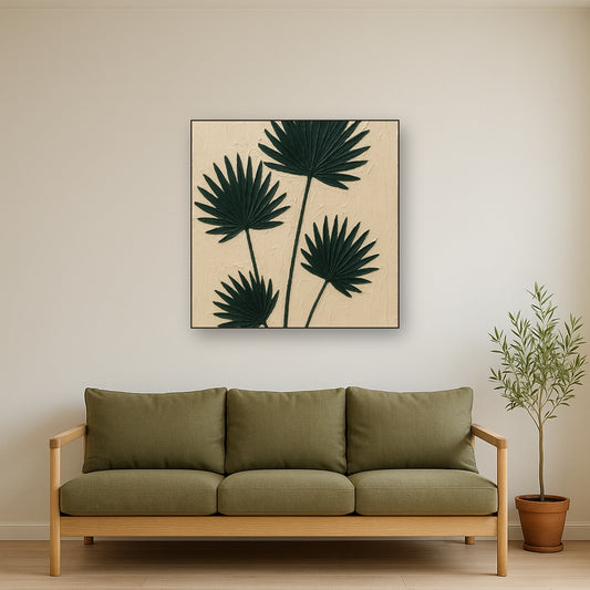 Sculptural Palm Fronds Botanical Oil Painting - Styled in Modern Living Room