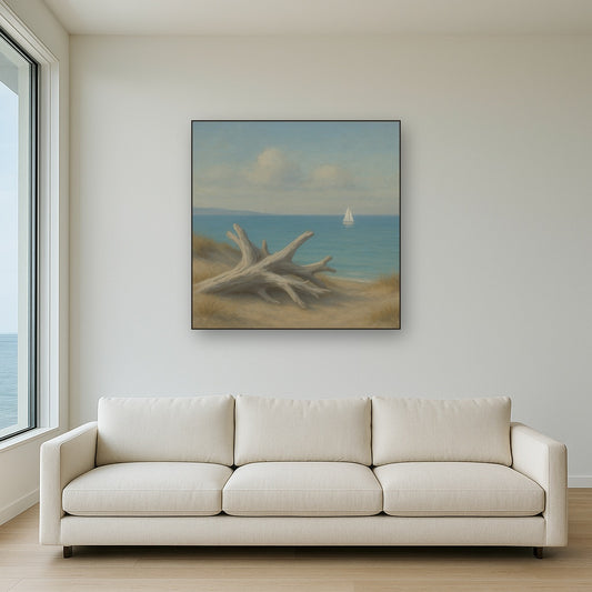 Sun-Bleached Driftwood & Distant Sailboat No. 5 Oil Painting Staged Above Sectional Sofa in Living Room, Hand Painted Canvas Wall Art for Home Decor