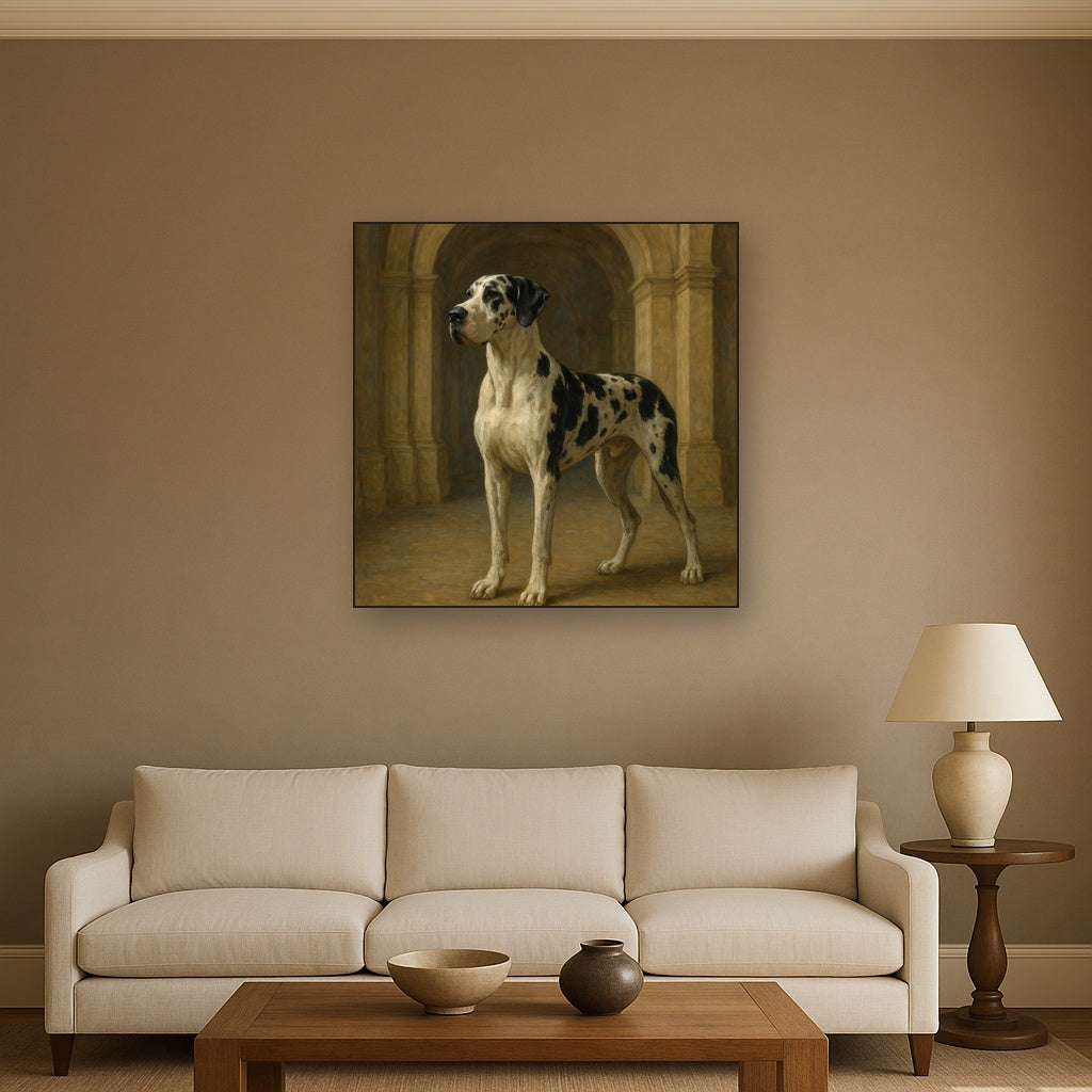 Regal Great Dane in Grand Architectural Hall Fine Art Oil Painting - View 2