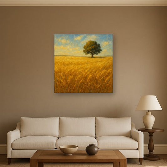 Sun-Drenched Wheat Field & Solitary Tree No. 2 Oil Painting - Styled in Modern Living Room