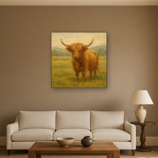 Muted Highland Cattle Pastoral Oil Painting No. 2 Oil Painting - Styled in Modern Living Room