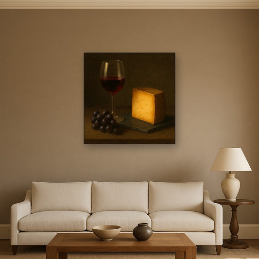 Burgundy Wine Glass & Aged Cheese Board No. 9 Oil Painting Staged Above Sectional Sofa in Living Room, Hand Painted Canvas Wall Art for Home Decor