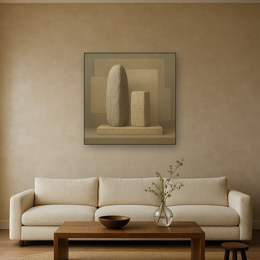 Driftwood Grey & Weathered Stone Monolith No. 8 Oil Painting Staged Above Sectional Sofa in Living Room, Hand Painted Canvas Wall Art for Home Decor
