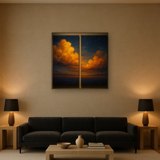 Luminescent Twilight Cloud Diptych No. 2 Oil Painting - Styled in Modern Living Room