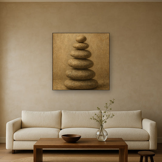 Stacked River Cairn Wabi-Sabi Oil Painting - Styled in Modern Living Room