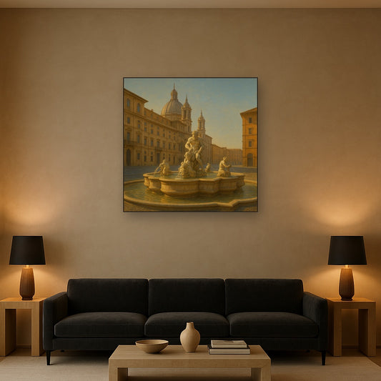 Rome Piazza Fountain in Morning Sunlight No. 2 Oil Painting Staged Above Sectional Sofa in Living Room, Hand Painted Canvas Wall Art for Home Decor