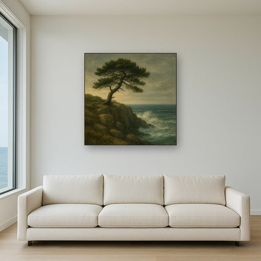 Wild Coastal Pine on Stormy Granite Cliff No. 4 Oil Painting Staged Above Sectional Sofa in Living Room, Hand Painted Canvas Wall Art for Home Decor