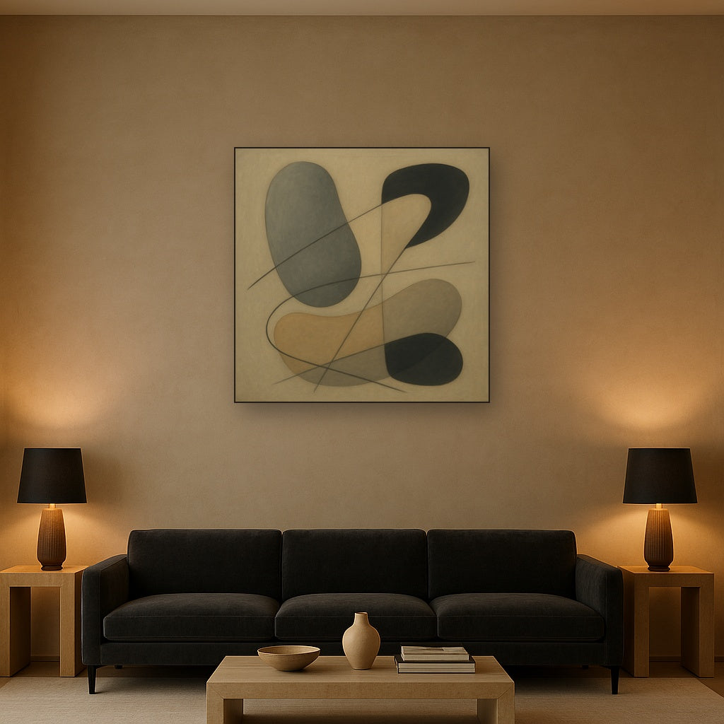 Organic Pebble Contours & Slanted Lines No. 4 Oil Painting Staged Above Sectional Sofa in Living Room, Hand Painted Canvas Wall Art for Home Decor