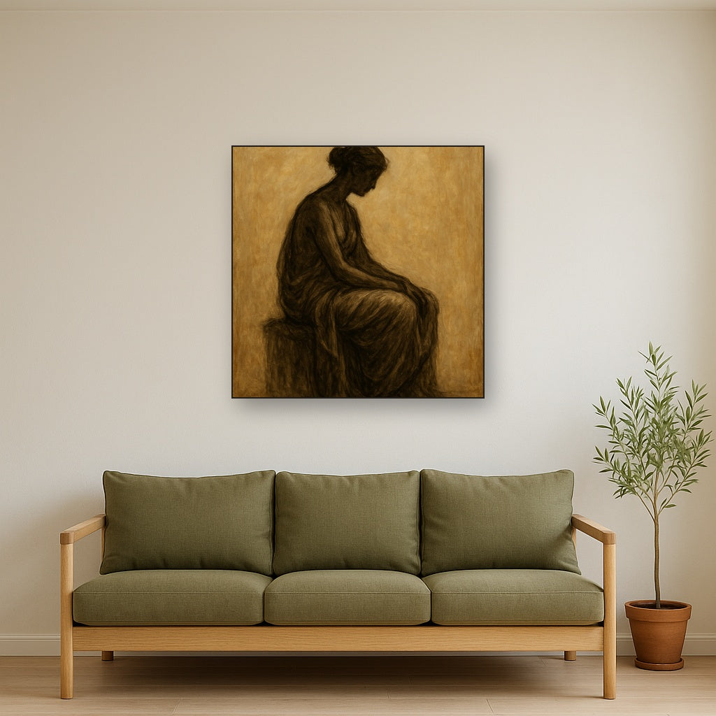 Contemplative Seated Figure Oil Painting - Styled in Modern Living Room