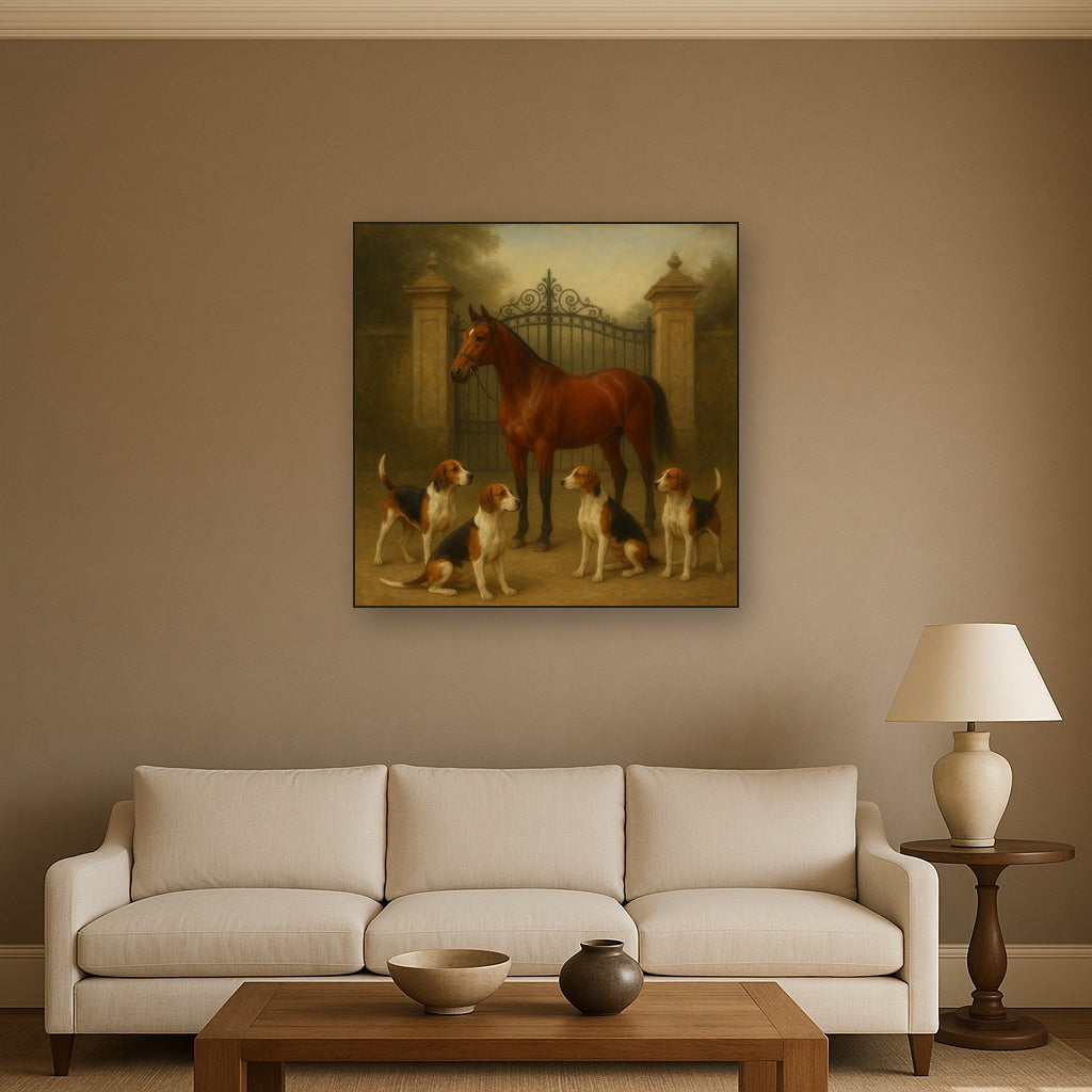 Hunting Hounds & Thoroughbred by Estate Gate No. 4 Oil Painting Staged Above Sectional Sofa in Living Room, Hand Painted Canvas Wall Art for Home Decor