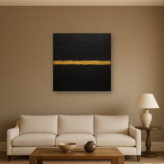 Obsidian & 24K Gold Horizon Luxury Oil Painting - Styled in Modern Living Room