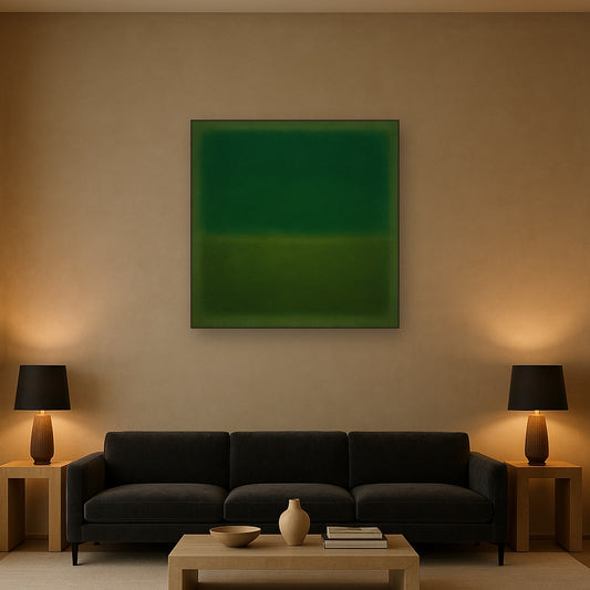 Forest Emerald & Deep Moss Contemplative Field No. 25 Oil Painting Staged Above Sectional Sofa in Living Room, Hand Painted Canvas Wall Art for Home Decor