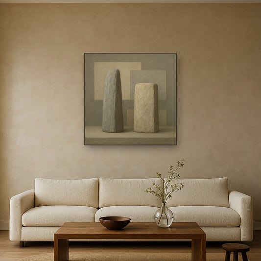 Driftwood Grey & Weathered Stone Monolith No. 30 Oil Painting Staged Above Sectional Sofa in Living Room, Hand Painted Canvas Wall Art for Home Decor