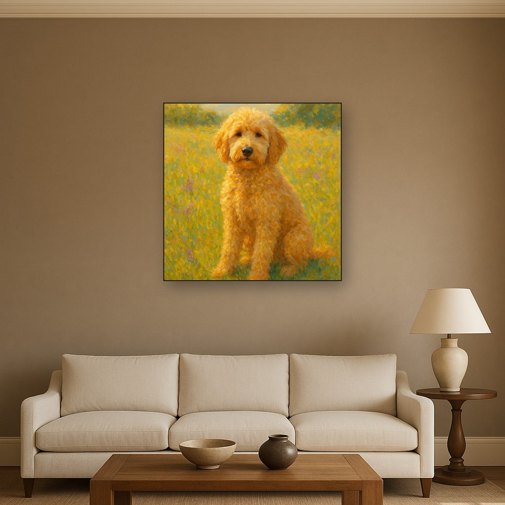 Fluffy Goldendoodle in Sun-Drenched Meadow No. 9 Fine Art Oil Painting - View 2
