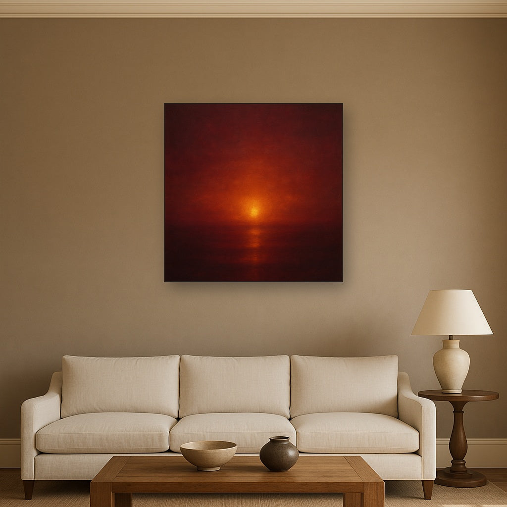Deep Garnet & Amber Candlelight Horizon Oil Painting Staged Above Sectional Sofa in Living Room, Hand Painted Canvas Wall Art for Home Decor