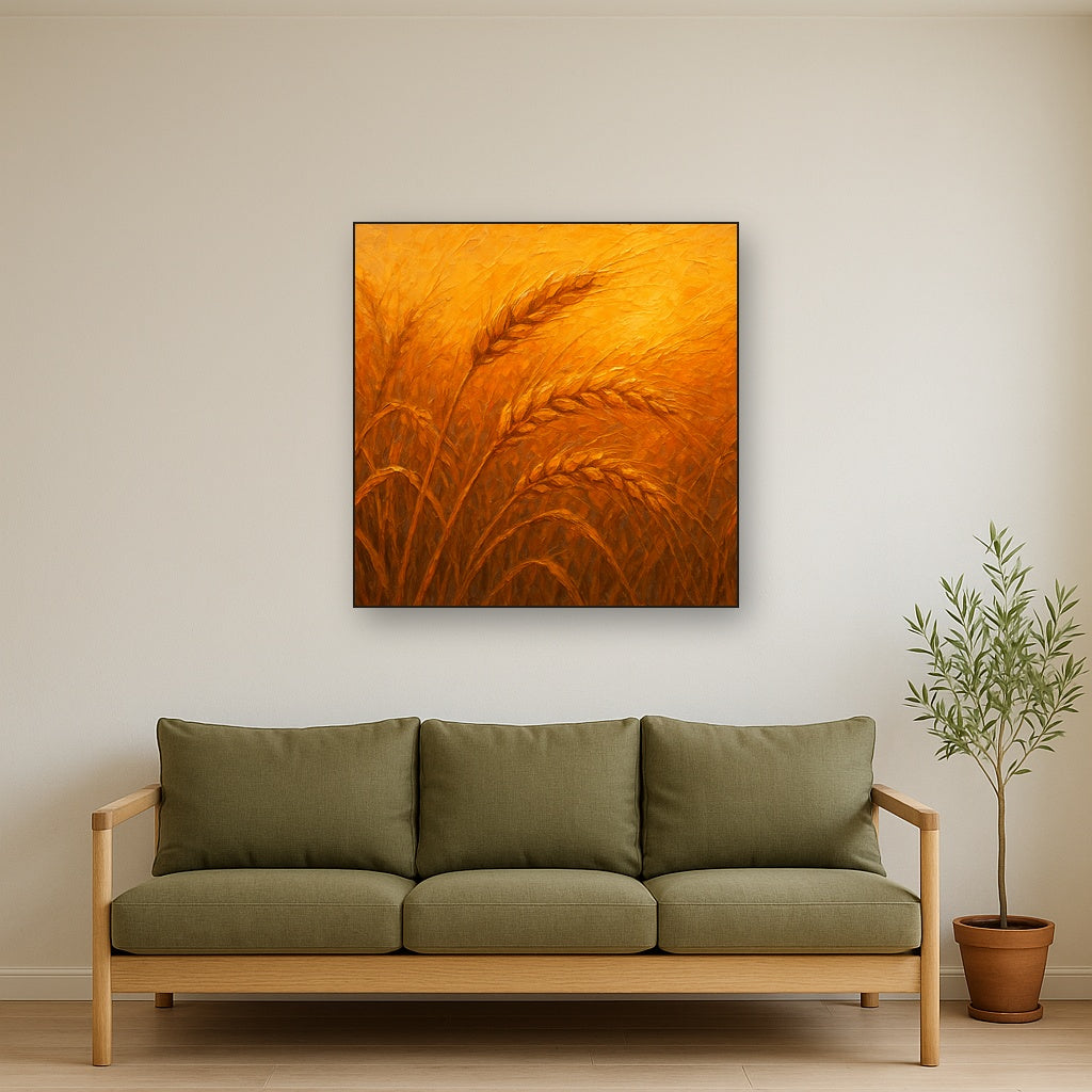 Golden Wheat Field Botanical Oil Painting - Styled in Modern Living Room