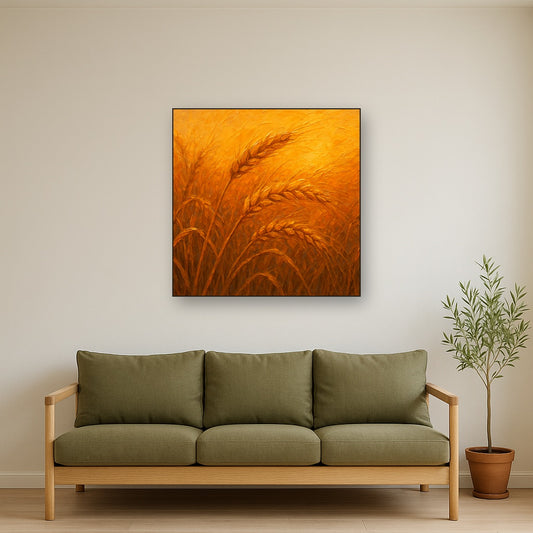 Golden Wheat Field Botanical Oil Painting - Styled in Modern Living Room
