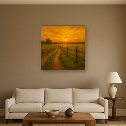 Golden Hour Country Lane & Fence No. 3 Oil Painting - Styled in Modern Living Room