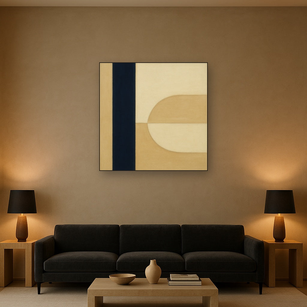 Navy & Warm Beige Geometric Line Balance No. 12 Fine Art Oil Painting - View 2
