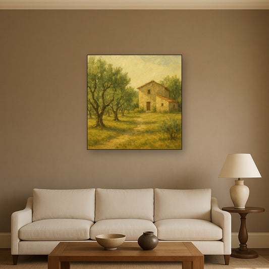 Vintage Olive Grove & Stone Farmhouse Oil Painting - Styled in Modern Living Room
