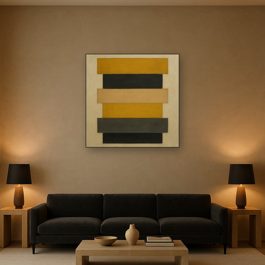 Stacked Horizon Blocks in Mustard & Charcoal No. 9 Oil Painting Staged Above Sectional Sofa in Living Room, Hand Painted Canvas Wall Art for Home Decor