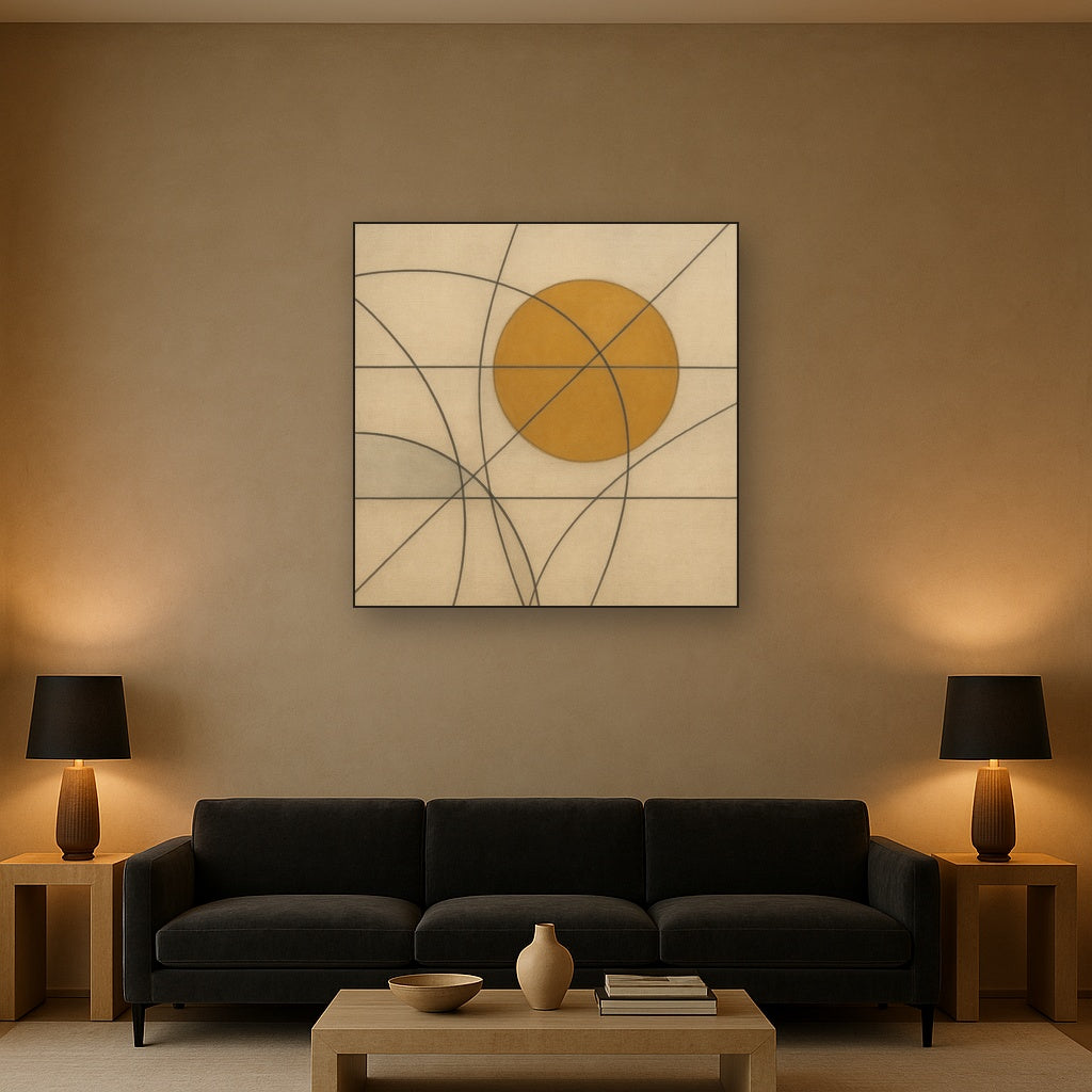 Abstract Tangent Lines & Earthy Ochre Disc No. 16 Oil Painting - View 2