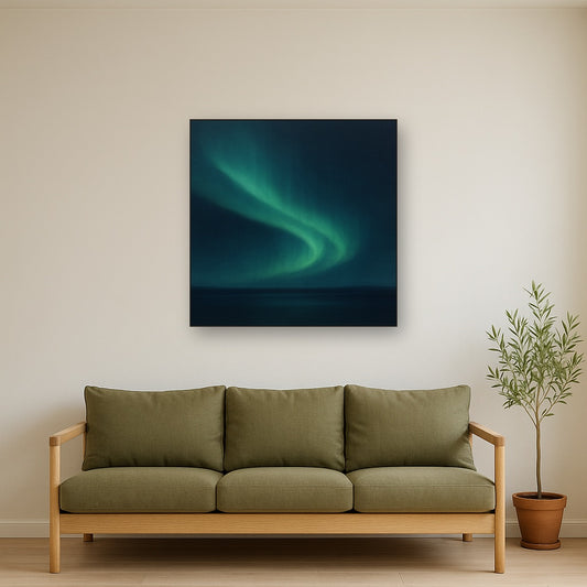 Aurora Borealis Veil in Deep Midnight Indigo No. 18 Oil Painting Staged Above Sectional Sofa in Living Room, Hand Painted Canvas Wall Art for Home Decor