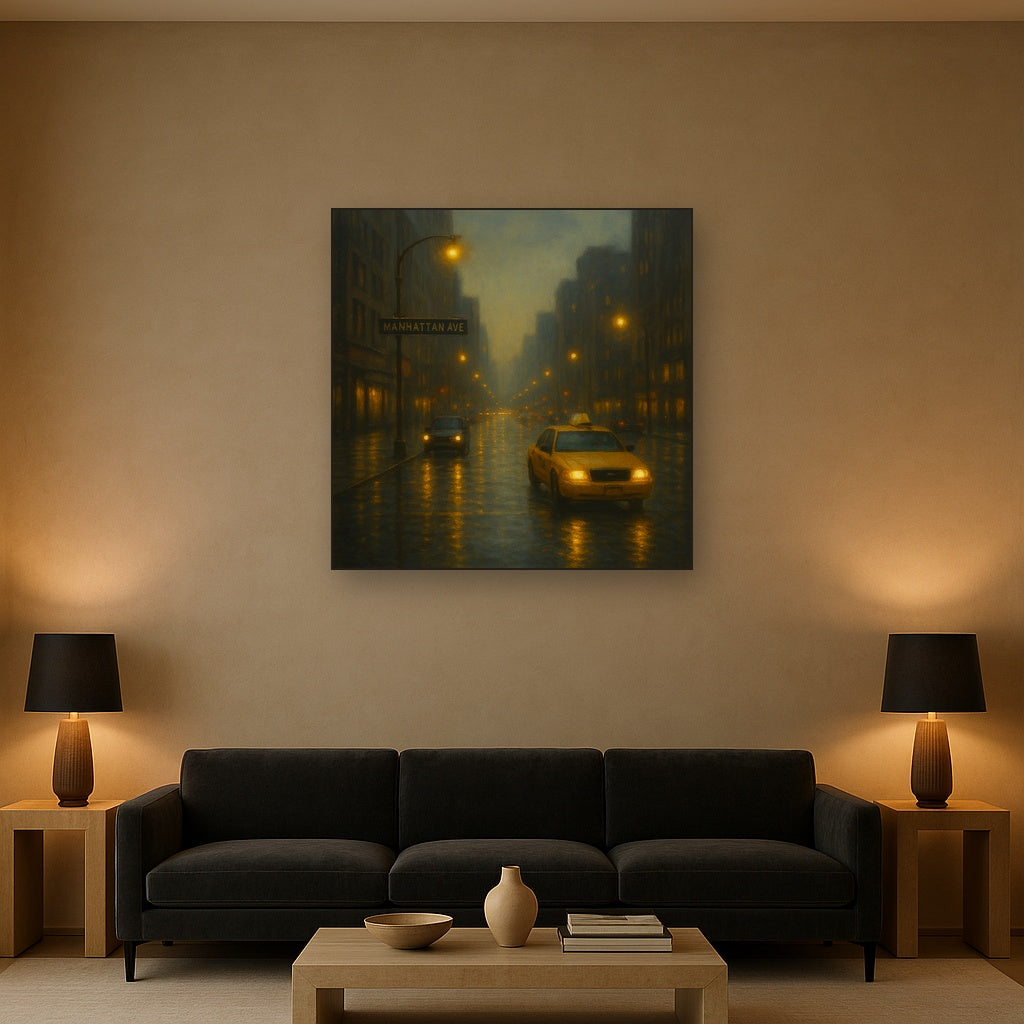 Rain-Drenched Manhattan Avenue Lights No. 20 Oil Painting - View 2