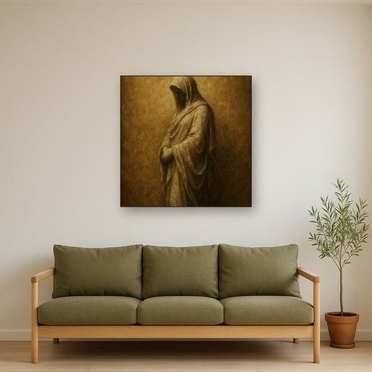 Renaissance Draped Silhouette No. 5 Oil Painting Staged Above Sectional Sofa in Living Room, Hand Painted Canvas Wall Art for Home Decor