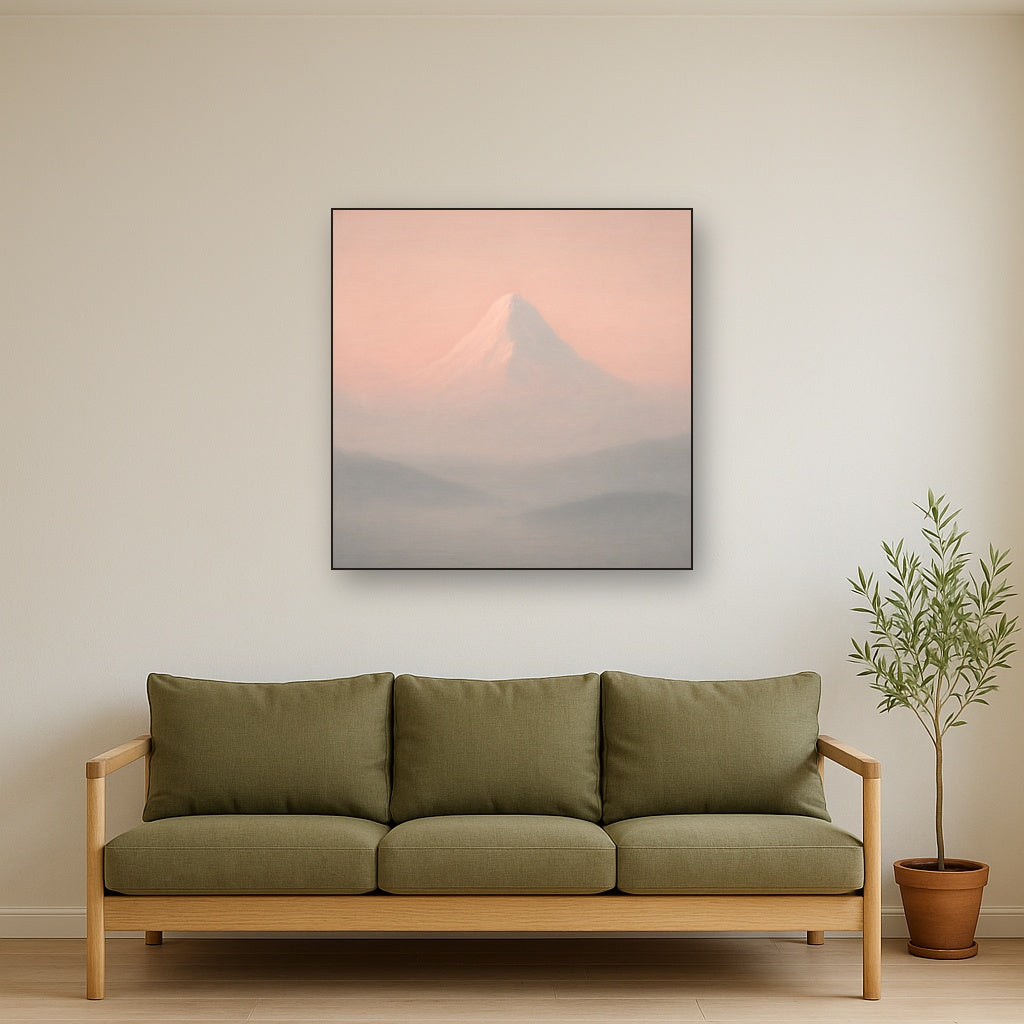 Pale Alpenglow over Distant Glacial Peak No. 6 Oil Painting Staged Above Sectional Sofa in Living Room, Hand Painted Canvas Wall Art for Home Decor
