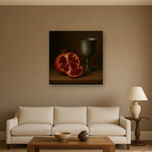 Pomegranate & Vintage Pewter Goblet No. 10 Oil Painting Staged Above Sectional Sofa in Living Room, Hand Painted Canvas Wall Art for Home Decor
