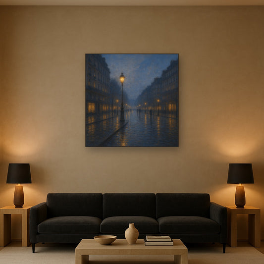 Rainy Parisian Boulevard at Twilight No. 4 Oil Painting Staged Above Sectional Sofa in Living Room, Hand Painted Canvas Wall Art for Home Decor