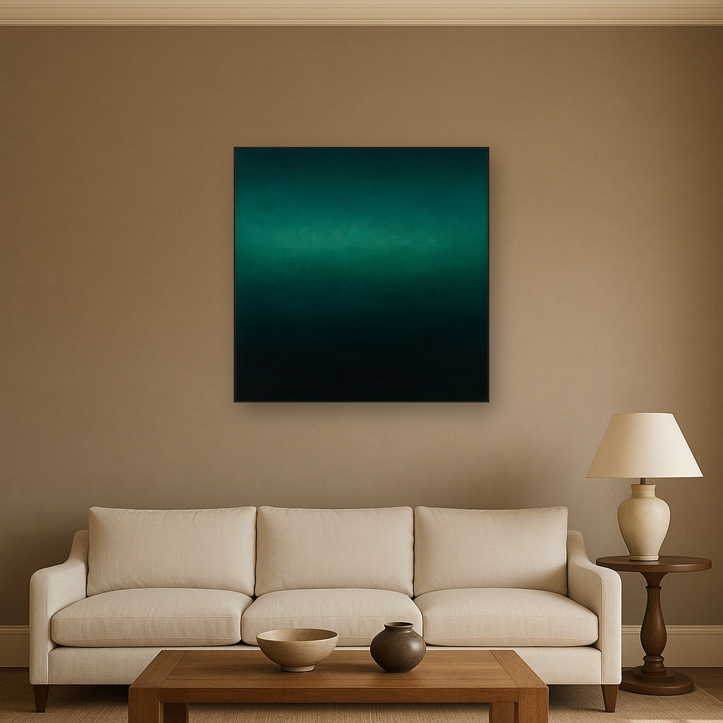 Midnight Teal & Deep Malachite Gradient No. 20 Oil Painting Staged Above Sectional Sofa in Living Room, Hand Painted Canvas Wall Art for Home Decor