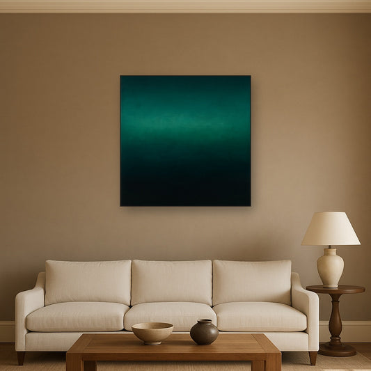 Midnight Teal & Deep Malachite Gradient No. 20 Oil Painting Staged Above Sectional Sofa in Living Room, Hand Painted Canvas Wall Art for Home Decor