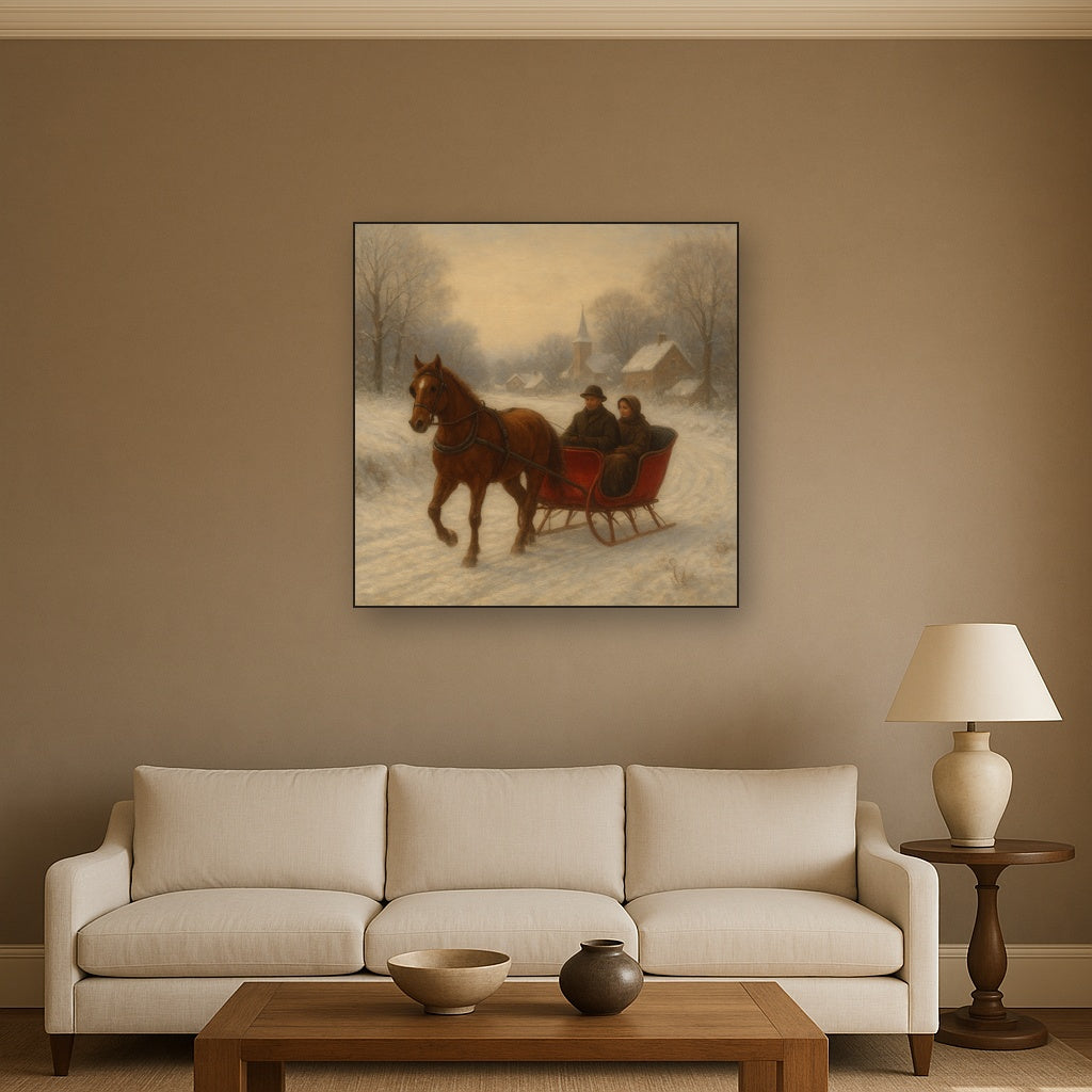 Horse-Drawn Sleigh on Village Snow Road No. 5 Oil Painting - View 2