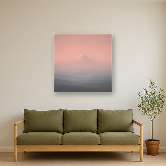 Pale Alpenglow over Distant Glacial Peak No. 12 Oil Painting Staged Above Sectional Sofa in Living Room, Hand Painted Canvas Wall Art for Home Decor