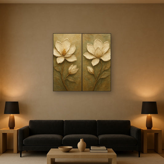 Sculptural Magnolia Diptych Blooms Oil Painting - Styled in Modern Living Room