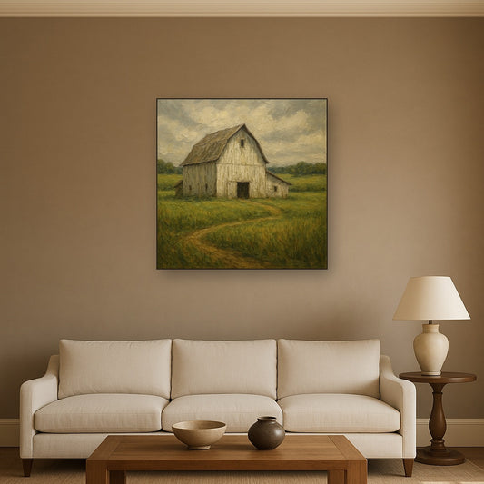 Weathered White Barn & Pasture No. 2 Oil Painting - Styled in Modern Living Room