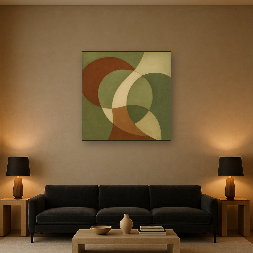 Intersecting Curved Forms in Olive & Rust No. 14 Oil Painting Staged Above Sectional Sofa in Living Room, Hand Painted Canvas Wall Art for Home Decor