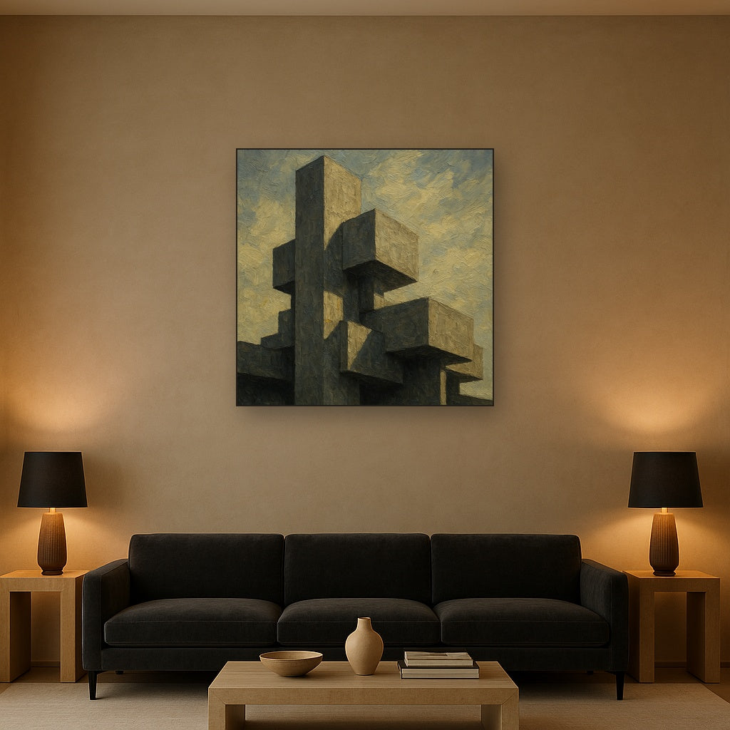 Brutalist Concrete Monolith & Sky No. 6 Oil Painting - Styled in Modern Living Room