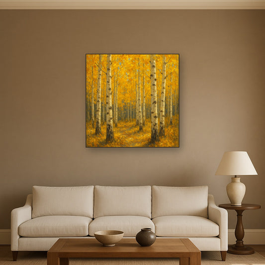 Golden Aspen Forest Landscape Oil Painting - Styled in Modern Living Room