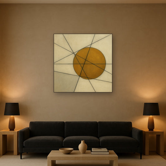 Abstract Tangent Lines & Earthy Ochre Disc No. 18 Oil Painting - View 2