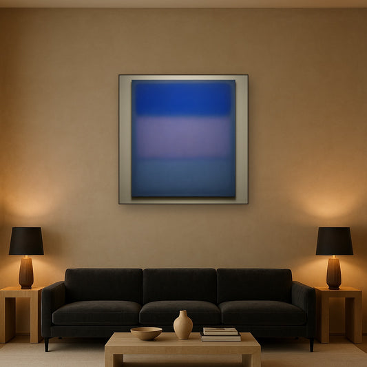 Cobalt Azure & Twilight Lavender Immersion No. 23 Oil Painting Staged Above Sectional Sofa in Living Room, Hand Painted Canvas Wall Art for Home Decor