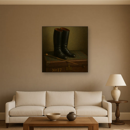 Vintage Riding Boots & Brass Crop on Trunk No. 17 Oil Painting Staged Above Sectional Sofa in Living Room, Hand Painted Canvas Wall Art for Home Decor