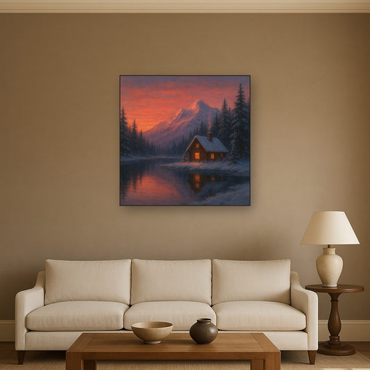 Winter Solstice Mountain Cabin Reflection No. 5 Oil Painting Staged Above Sectional Sofa in Living Room, Hand Painted Canvas Wall Art for Home Decor