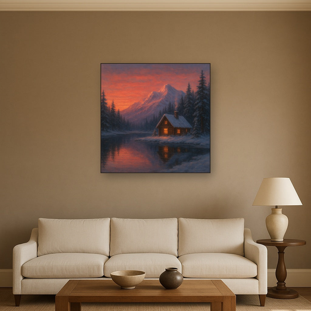 Winter Solstice Mountain Cabin Reflection No. 5 Oil Painting - View 2