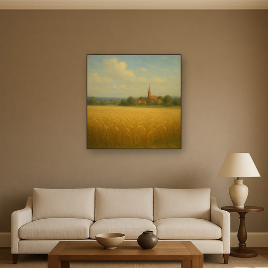 Sun-Drenched Wheatfield & Distant Village No. 9 Oil Painting Staged Above Sectional Sofa in Living Room, Hand Painted Canvas Wall Art for Home Decor